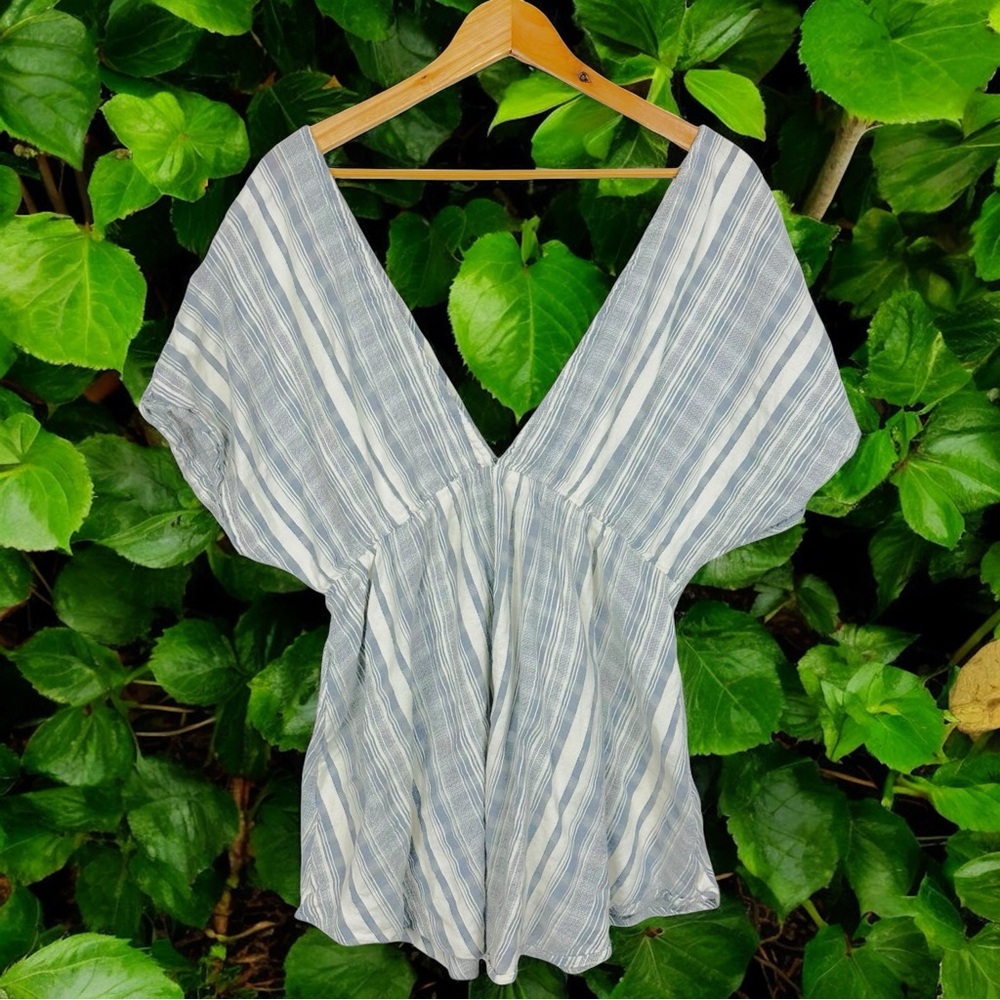 ASOS V Neck Striped Cotton Plunge Front Peplum Oversized Popover Blouse 6 Blue